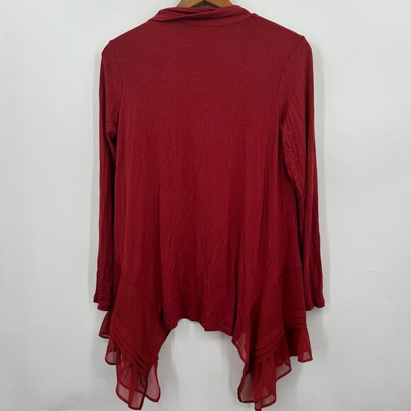 LOGO by Lori Goldstein Brick Jersey Cardigan Chiffon Ruffle Hemline Womens 2XS - Picture 4 of 12